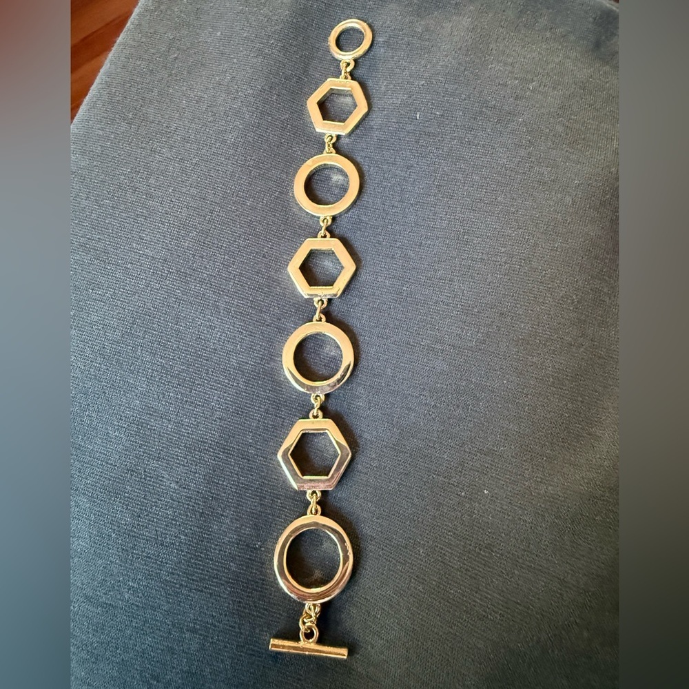 Vintage Modernist Hexagon Circle Link Toggle Bracelet 7.5 Inch